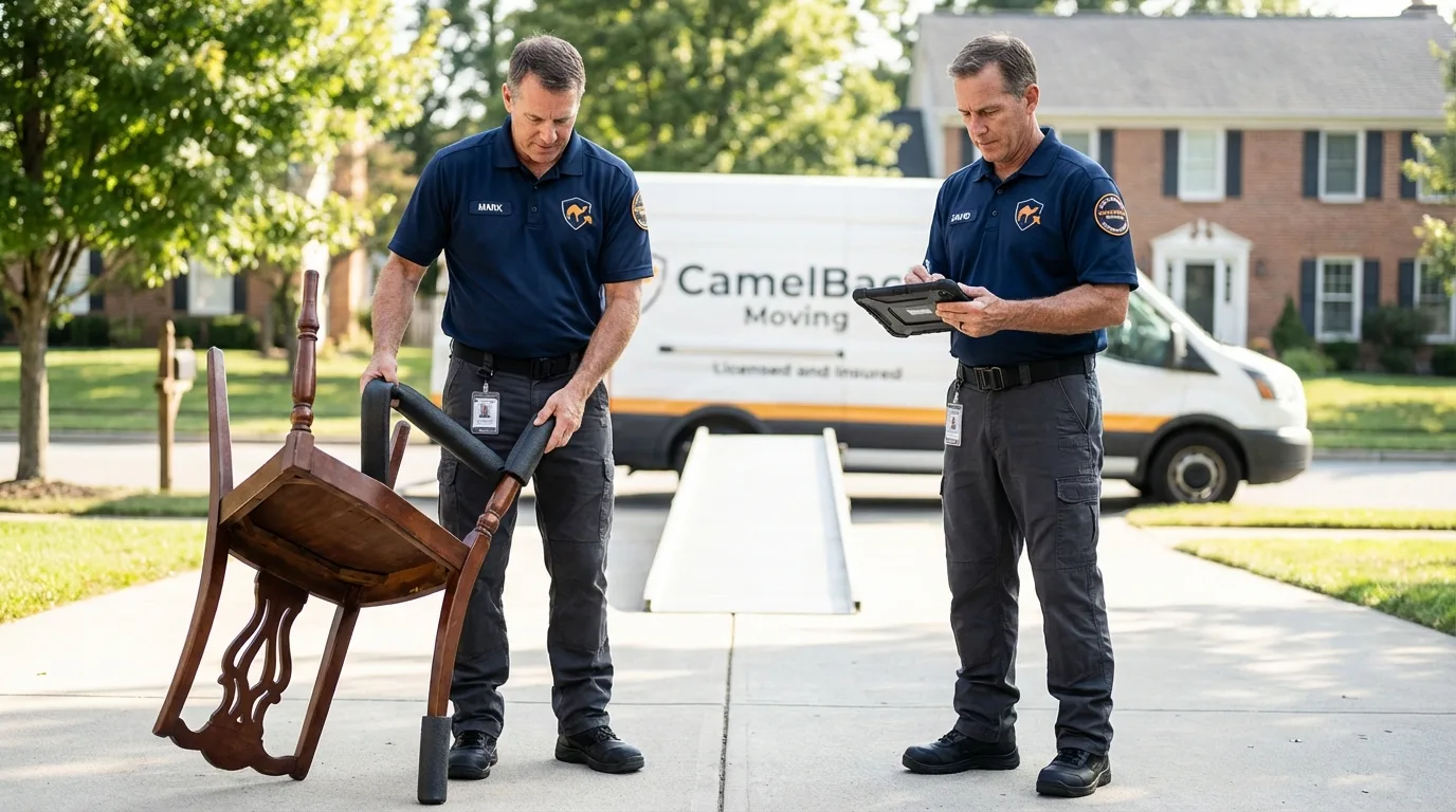 Movers inspecting furniture for damage prevention before loading in Kissimmee, FL