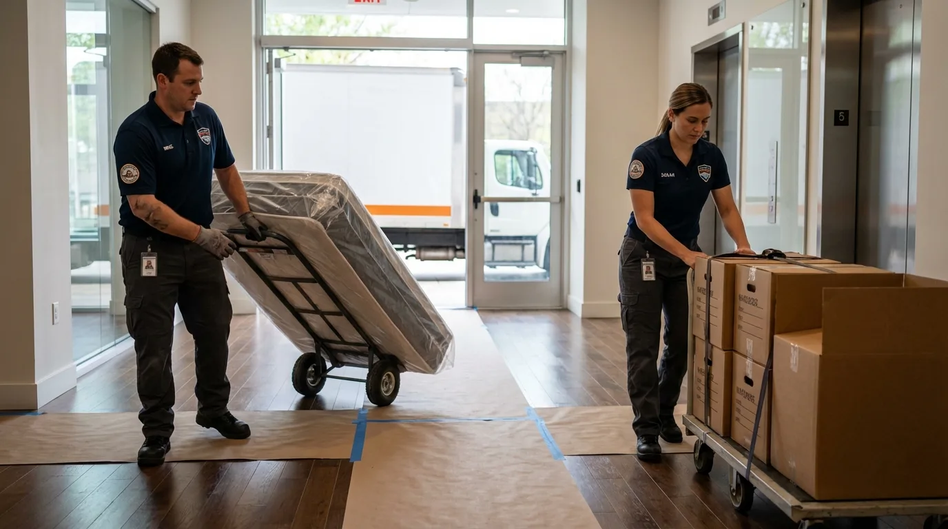 Professional apartment movers loading elevator in Kissimmee, FL