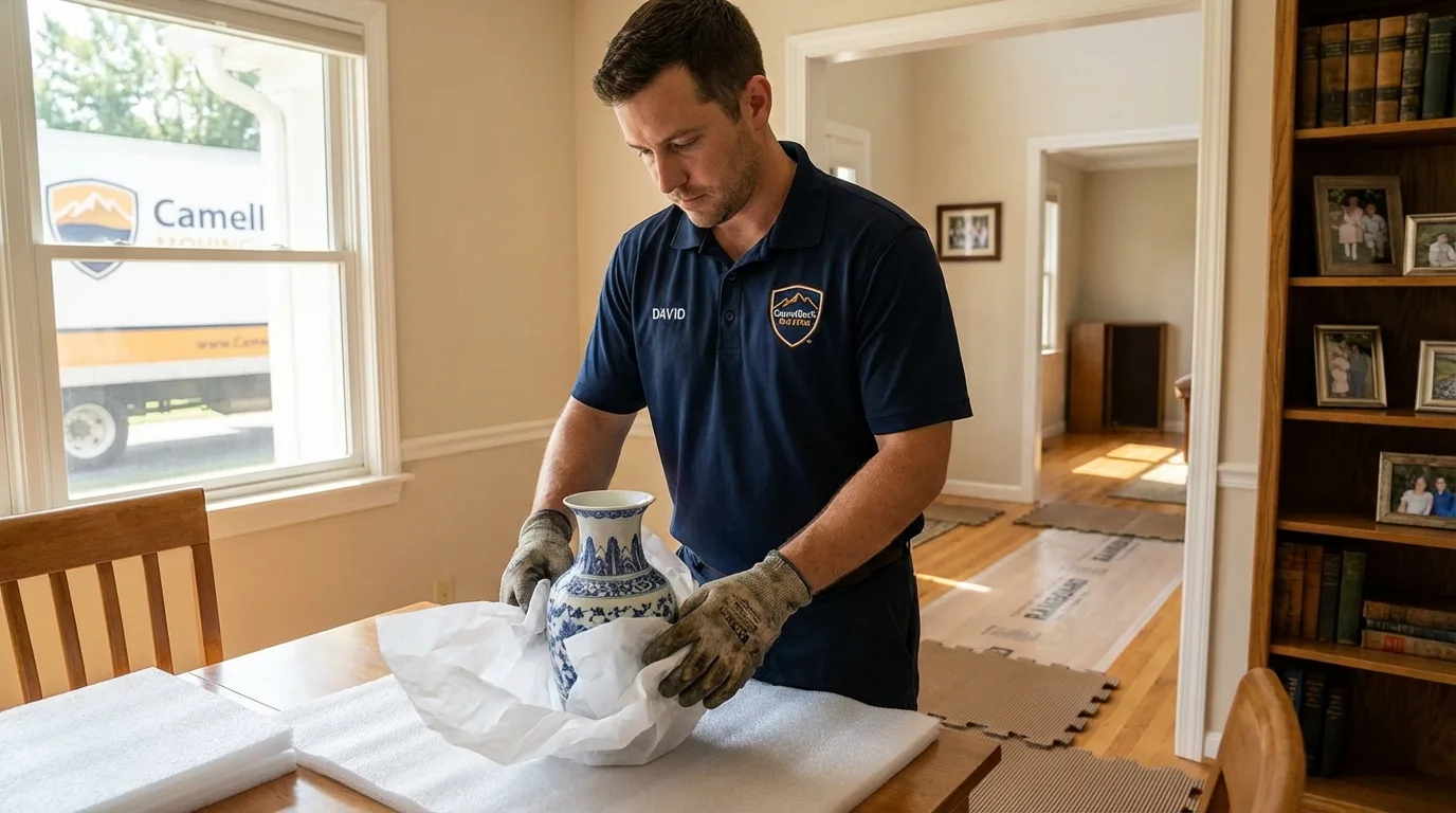 Professional crew carefully wrapping antique vase for senior downsizing move in Kissimmee, FL